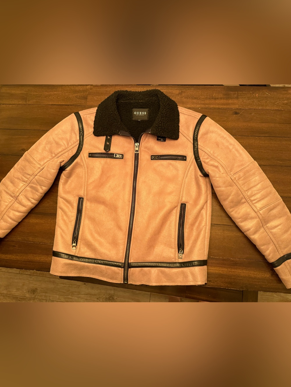 GUESS Black Faux Shearling Jacket with Logo Patch